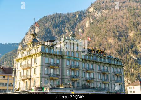 Interlaken, Switzerland, February 10, 2023 Building of the Hotel Central in the city center Stock Photo