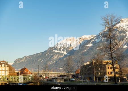 Interlaken, Switzerland, February 10, 2023 Alpine scenery at the river promenade in the city center Stock Photo