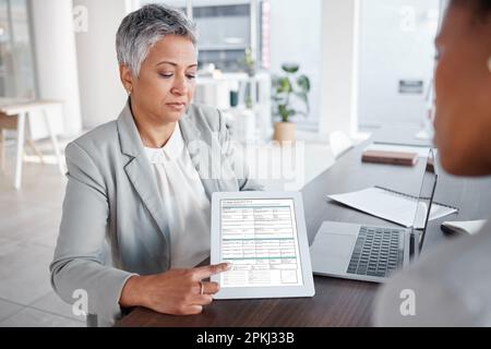 Tablet screen, mortgage loan and women or clients on digital document for lease agreement and budget. Financial real estate, property investment and Stock Photo