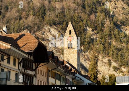 Interlaken, Switzerland, February 10, 2023 Tower of the historic reformed church in the old town Stock Photo