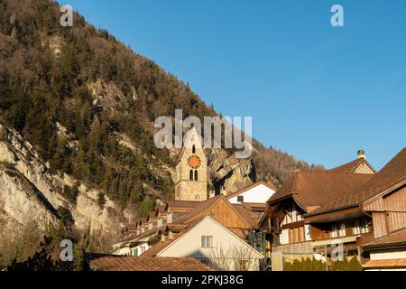 Interlaken, Switzerland, February 10, 2023 Tower of the historic reformed church in the old town Stock Photo