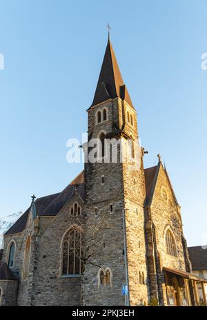 Interlaken, Switzerland, February 10, 2023 Historic old catholic church in the city center Stock Photo