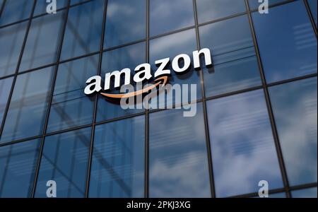 Seattle, USA, April 5, 2023: Amazon corporation headquarters glass building concept. International retail and shipping company symbol on front facade Stock Photo