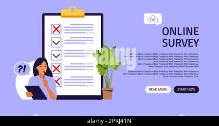 Survey of customer satisfaction. Landing page. Piece of paper with ticks and crosses. Vector illustration. Flat style Stock Vector