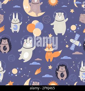 Space seamless pattern. Cute animal astronauts. Funny Bear with balloons, rabbit, fox and hedgehog on blue background with stars, meteorite and planet Stock Vector