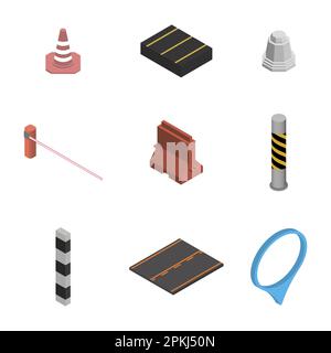 Set of different signs road repairs, isolated on white background. Under construction design elements. Flat 3D isometric style, vector illustration. Stock Vector