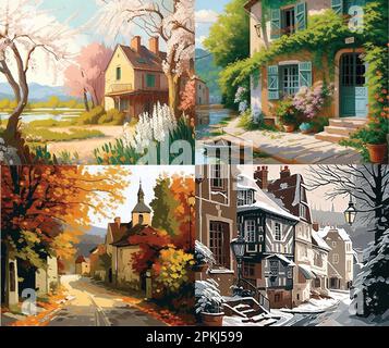 Vector set of seasons illustrations. Spring, summer, autumn, winter - landscapes Stock Vector