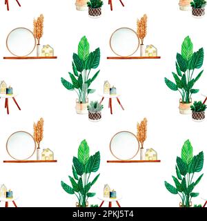 Watercolor seamless pattern with home plant, wax candlt, ceramic houses lanterns, mirror, shelf, vase with dried flowers, coffee table. Illustration Stock Photo