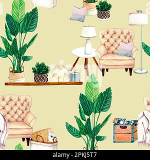 Watercolor seamless pattern with home plant, wax candlt, ceramic houses lanterns, armchair, shelf, vase with dried flowers, coffee table, wicker Stock Photo