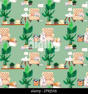 Watercolor seamless pattern with home plant, wax candlt, ceramic houses lanterns, armchair, shelf, vase with dried flowers, coffee table, wicker Stock Photo