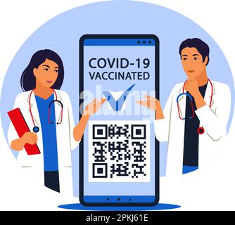 Certificate of vaccination on mobile phone screen with qr-code and pass check mark vaccinated. Mobile application. Vector illustration. Flat. Stock Vector