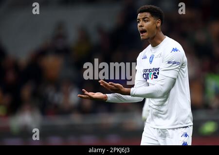Milano, Italy. 07th Apr, 2023. Koni De Winter of Empoli Fc gestures during the Serie A match beetween Ac Milan and Empoli Fc at Stadio Giuseppe Meazza on April 7, 2023 in Milano, Italy . Credit: Marco Canoniero/Alamy Live News Stock Photo