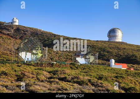 LA PALMA, SPAIN - AUGUST 2013: MAGIC Telescopes group at the Roque de los Muchachos Observatory, ORM, astronomical observatory located in Garafia Stock Photo