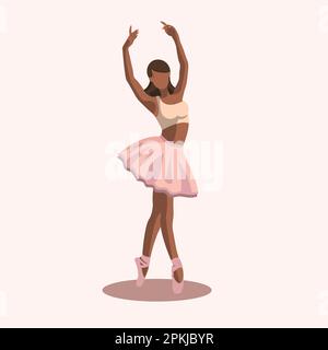 Vector illustration classical ballet. African American woman ballet dancer in a pink tutu and pointe shoes dancing on white background. Beautiful young faceless ballerina in a flat style Stock Vector