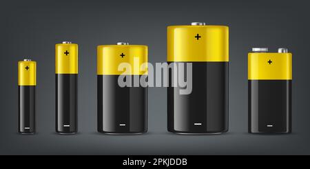 Vector 3d Realistic Black and Yellow Alkaline Battery Icon Set Closeup Isolated. Diffrent Size - AAA, AA, C, D, PP3. Design Template for Branding Stock Vector