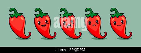 Vector Cartoon Cute and Funny Red Hot Chili Pepper Icon Set. Kawaii Style. Fresh Chili Hot Pepper with Different Emotions. Design Template for Stock Vector