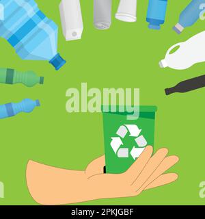 Hand holding a bin with recycle symbol on it and containers made from various materials Stock Vector