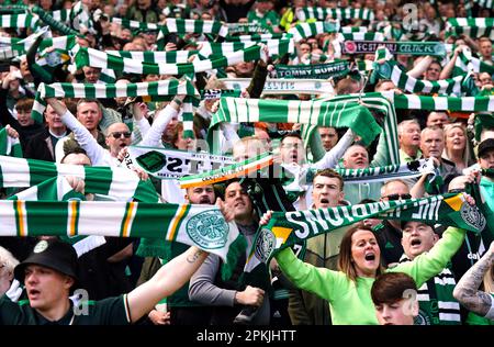 Celtic fans in the stands during the cinch Premiership match at Celtic Park, Glasgow. Fan safety and security issues led to the decision by Celtic and Rangers to have home supporters only for the cinch Premiership match at Parkhead and the post-split game at Ibrox at a date yet to be determined. Picture date: Saturday April 8, 2023. Stock Photo