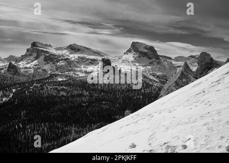 Cinque Torri in the Nuvolao Group Mountain Range Monochrome Winter Landscape Stock Photo