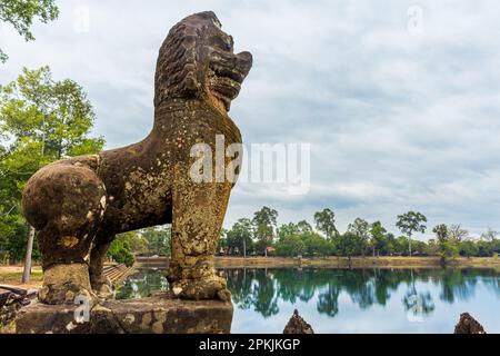 Guardian lion Prasat Tao standing on Terrace at Angkor Wat, Cambodia Stock Photo