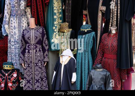 Traditional Jordanian Women's Abaya Dresses Colorfully Embroidered at a Shop in Amman, jordan Stock Photo