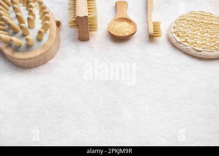 Massage treatment concept. Various eco frendly items from bathroom for body care on white background with Copy space. Zero waste concept. Top view. Sp Stock Photo