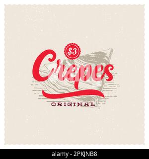 Hand drawn vector french dessert crepes berries sketch. Abstract Sign, Symbol or Logo Template. Hand Drawn Sweet with Typography. Bakery Vector Emblem Stock Vector