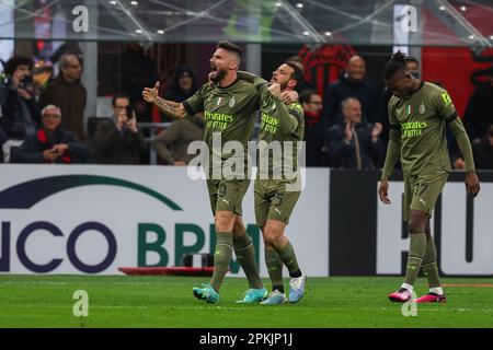 Milan, Italy. 07th Apr, 2023. Olivier Giroud of AC Milan celebrates his goal with his teammate Alessandro Florenzi of AC Milan that was later disallowed by VAR during Serie A 2022/23 football match between AC Milan and Empoli FC at San Siro Stadium, Milan, Italy on April 07, 2023 Credit: Independent Photo Agency/Alamy Live News Stock Photo