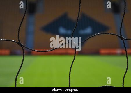 Wolverhampton, UK. 08th Apr, 2023. i8th April 2023;  Molineux Stadium, Wolverhampton, West Midlands, England; Premier League Football, Wolverhampton Wanderers versus Chelsea; The Wolves logo behind the net Credit: Action Plus Sports Images/Alamy Live News Stock Photo