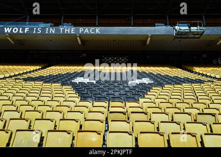 Wolverhampton, UK. 08th Apr, 2023. 8th April 2023;  Molineux Stadium, Wolverhampton, West Midlands, England; Premier League Football, Wolverhampton Wanderers versus Chelsea; The Wolves logo in the seats of the stand Credit: Action Plus Sports Images/Alamy Live News Stock Photo