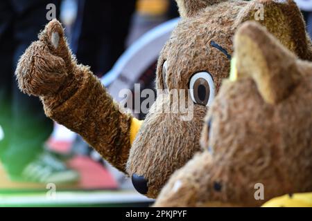 Wolverhampton, UK. 08th Apr, 2023. 8th April 2023; Molineux Stadium, Wolverhampton, West Midlands, England; Premier League Football, Wolverhampton Wanderers versus Chelsea; The Wolves mascots having photos with the fans Credit: Action Plus Sports Images/Alamy Live News Stock Photo