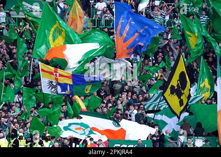 Celtic fans in the stands before the cinch Premiership match at Celtic Park, Glasgow. Fan safety and security issues led to the decision by Celtic and Rangers to have home supporters only for the cinch Premiership match at Parkhead and the post-split game at Ibrox at a date yet to be determined. Picture date: Saturday April 8, 2023. Stock Photo