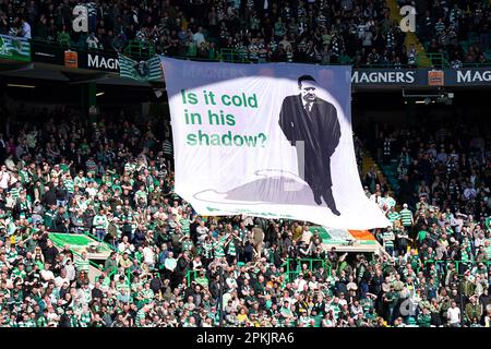 Celtic fan hold up a banner in the stands before the cinch Premiership match at Celtic Park, Glasgow. Fan safety and security issues led to the decision by Celtic and Rangers to have home supporters only for the cinch Premiership match at Parkhead and the post-split game at Ibrox at a date yet to be determined. Picture date: Saturday April 8, 2023. Stock Photo