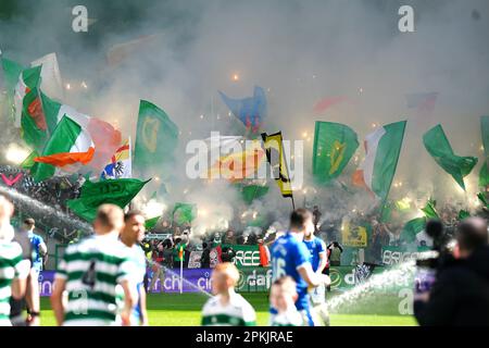 Celtic fans in the stands ahead of the cinch Premiership match at Celtic Park, Glasgow. Fan safety and security issues led to the decision by Celtic and Rangers to have home supporters only for the cinch Premiership match at Parkhead and the post-split game at Ibrox at a date yet to be determined. Picture date: Saturday April 8, 2023. Stock Photo