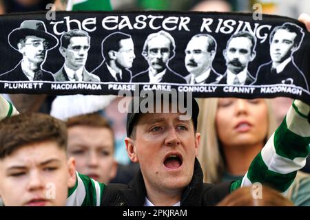 Celtic fans in the stands before the cinch Premiership match at Celtic Park, Glasgow. Fan safety and security issues led to the decision by Celtic and Rangers to have home supporters only for the cinch Premiership match at Parkhead and the post-split game at Ibrox at a date yet to be determined. Picture date: Saturday April 8, 2023. Stock Photo