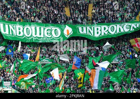 Celtic fans in the stands before the cinch Premiership match at Celtic Park, Glasgow. Fan safety and security issues led to the decision by Celtic and Rangers to have home supporters only for the cinch Premiership match at Parkhead and the post-split game at Ibrox at a date yet to be determined. Picture date: Saturday April 8, 2023. Stock Photo