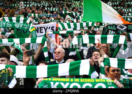 Celtic fans in the stands during the cinch Premiership match at Celtic Park, Glasgow. Fan safety and security issues led to the decision by Celtic and Rangers to have home supporters only for the cinch Premiership match at Parkhead and the post-split game at Ibrox at a date yet to be determined. Picture date: Saturday April 8, 2023. Stock Photo