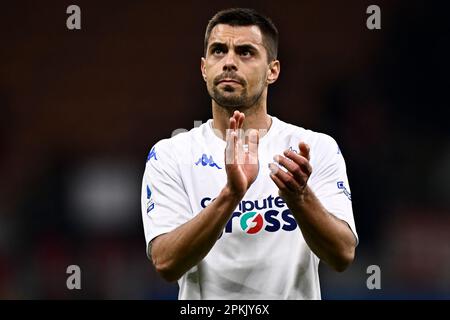 Milan, Italy. 7 April 2023. Alberto Grassi of Empoli FC gestures during the Serie A football match between AC Milan and Empoli FC. Credit: Nicolò Campo/Alamy Live News Stock Photo