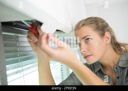 woman installing blinds with screwdriver Stock Photo