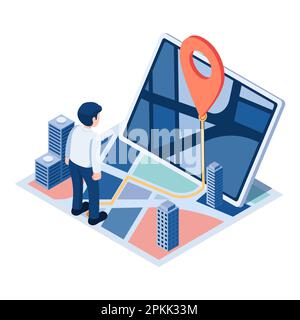 Flat 3d Isometric Businessman with Map and GPS Navigation. GPS Navigation Technology Concept. Stock Vector