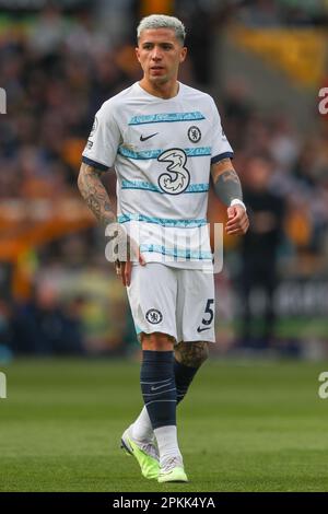 Enzo Fernández #5 of Chelsea during the Premier League match Wolverhampton Wanderers vs Chelsea at Molineux, Wolverhampton, United Kingdom, 8th April 2023  (Photo by Gareth Evans/News Images) Stock Photo