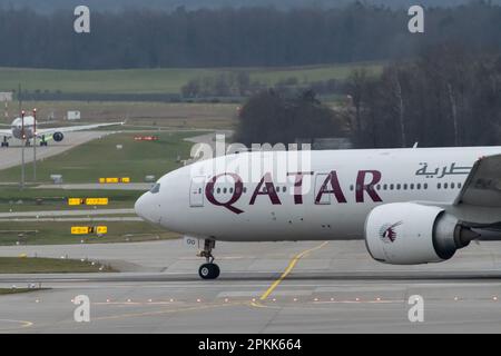 Zurich, Switzerland, January 2, 2023 Qatar airways Boeing 777-300ER aircraft is taxiing to its takeoff position Stock Photo
