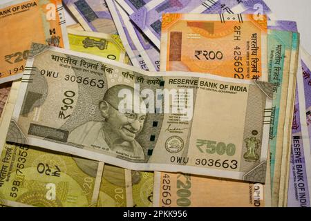 New currency notes of the Indian rupee, in 500, 200, 100, 50, and 20 rupee denominations Stock Photo