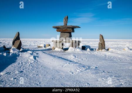 Inukshuk on the beach on Hudson Bay in Churchill, Manitoba, Canada Stock Photo