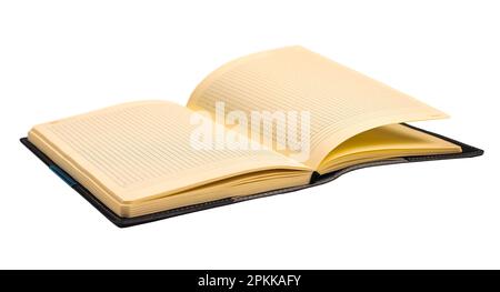 Office planner, business organizer with checkered pages, grid paper isolated on white background. Open note pad, book. Stock Photo
