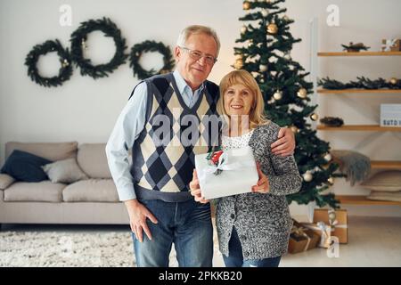 Celebrating new year. Senior man and woman is together at home. Stock Photo