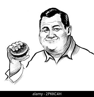 Happy man eating burger. Ink black and white drawing Stock Photo