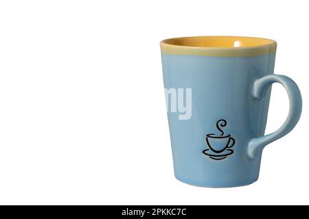 Empty coffee mug. Blue color. Close up. Yellow rim Stock Photo