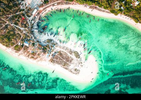 Overhead view of dhow traditional boats moored in a sandy bay overlooking the idyllic Indian Ocean, Kendwa, Zanzibar, Tanzania, East Africa, Africa Stock Photo