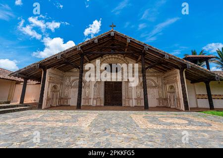 Colourful painted front portal, San Javier Mission, Jesuit Missions of Chiquitos, UNESCO World Heritage Site, Santa Cruz department, Bolivia Stock Photo